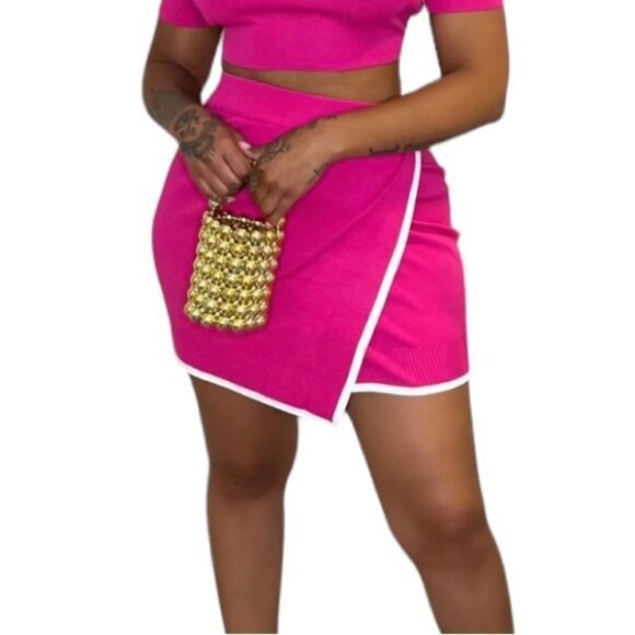 Nichole Lynel Sydney Hot Pink Contrast Trim Asymmetrical Knit Mini Skirt Sz M - Picture 8 of 11